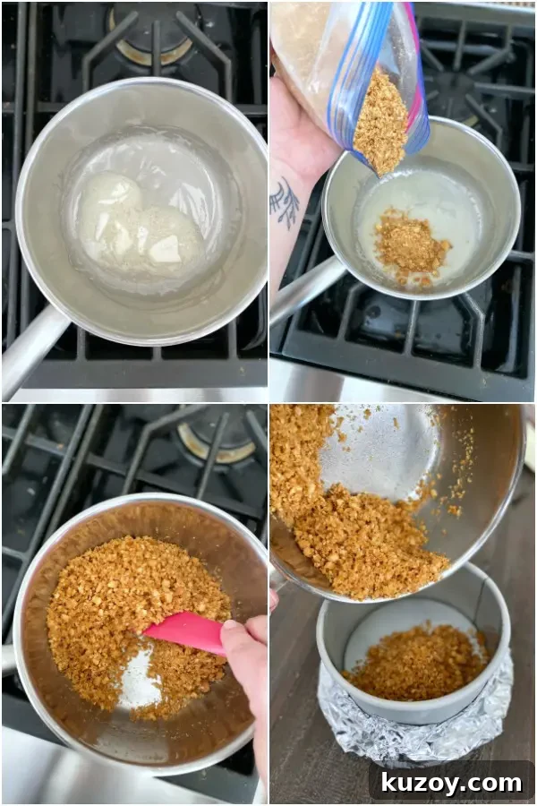 How To Make Cheesecake Crust @spabettie step by step photo collage on how to make cheesecake crust: melt butter, add crushed cookie crumbs, stir to combine, press into prepared springform pan