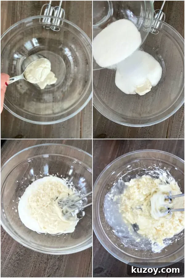 How To Make Cheesecake @spabettie step by step photo collage on how to make vegan cheesecake: combine yogurt and sugar, add vegan cream cheese and beat with hand mixer until smooth