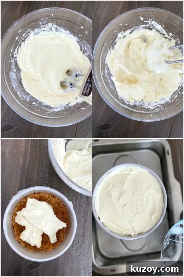 How To Make New York Cheesecake @spabettie step by step photo collage on how to make vegan new york cheesecake: beat cream cheese with yogurt, sugar, lemon juice and cornstarch, transfer to springform pan on top of cookie crust, spread until smooth, place pan in larger baking dish with water bath