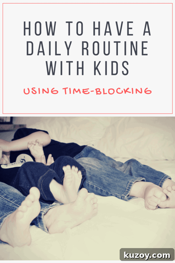 Things can feel overwhelming when you have more than one kid at home! Learn how I schedule my day with multiple kids and grab a FREE printable time blocking schedule to help you get started. #timeblocking #dailyroutine #momschedule #sahmroutine #multiplekidsroutine #dailyschedule