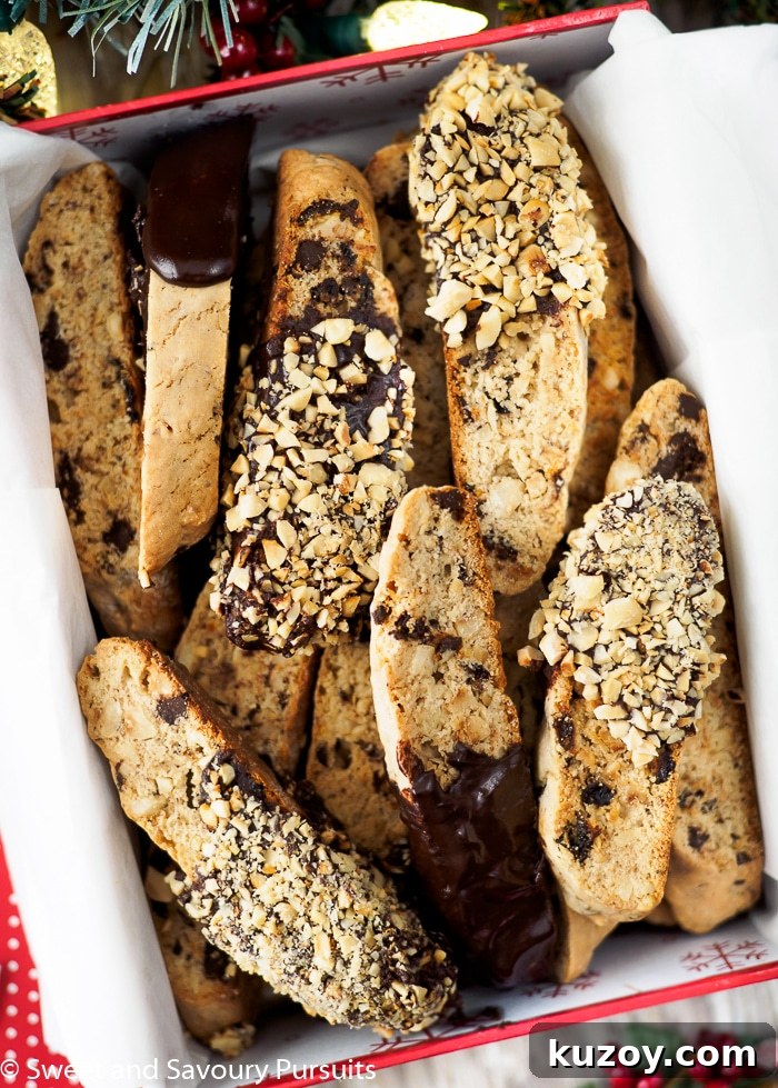 Hazelnut Chocolate Biscotti displayed in gift box.
