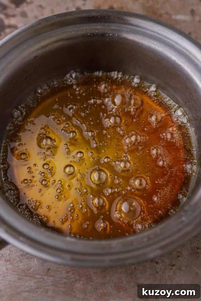 Bubbling caramel in a pan