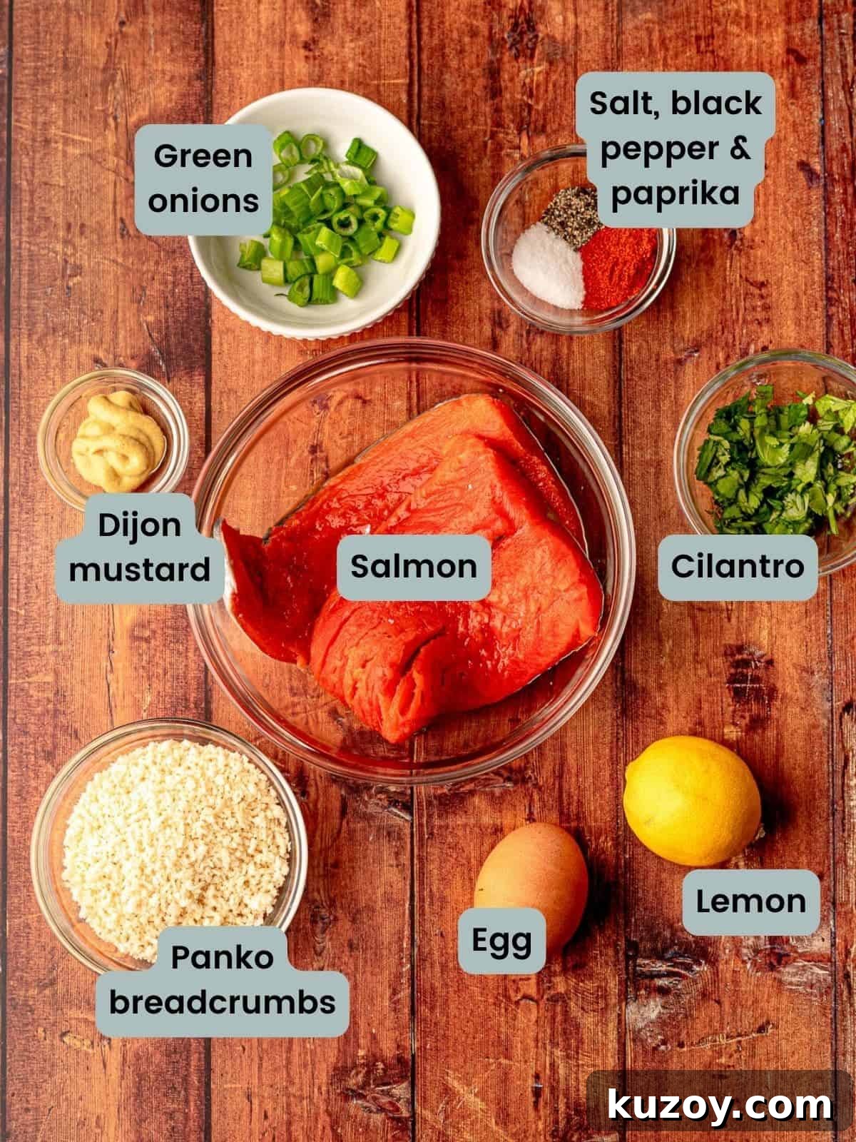 Ingredients in baked salmon burgers.