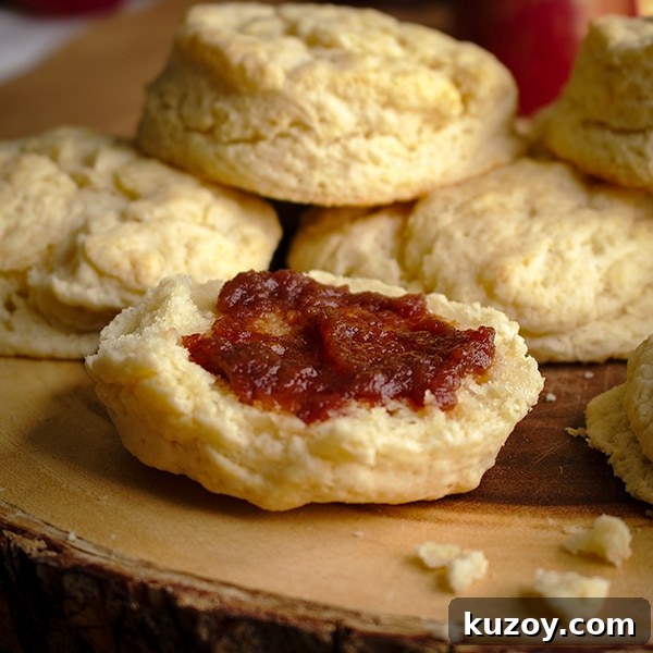 A cream biscuit, cut in half and spread with homemade apple butter.