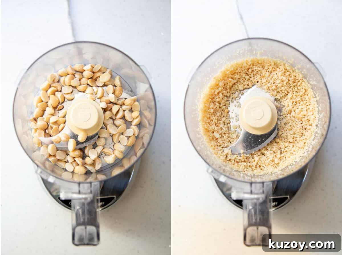 Chopping macadamia nuts in a food processor.