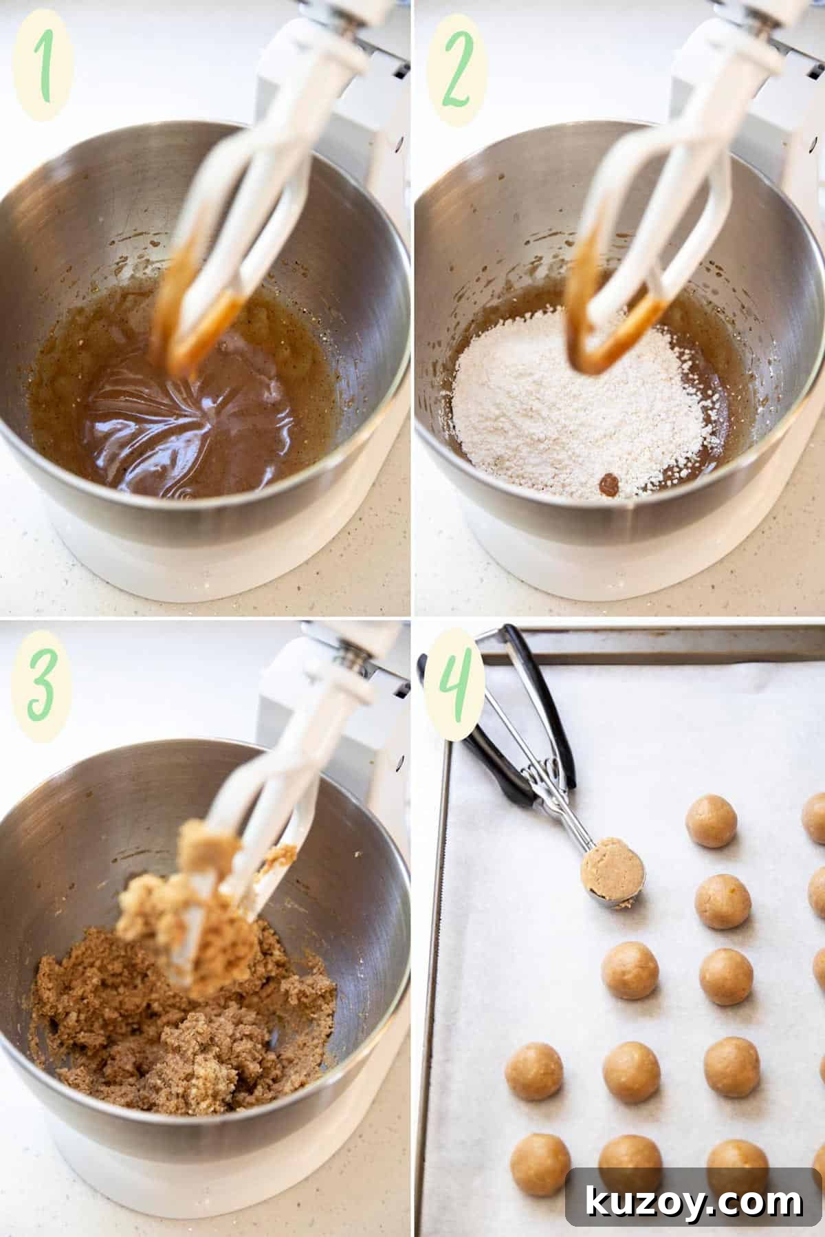 Collage of 4 photos showing how to make snowball cookie dough.