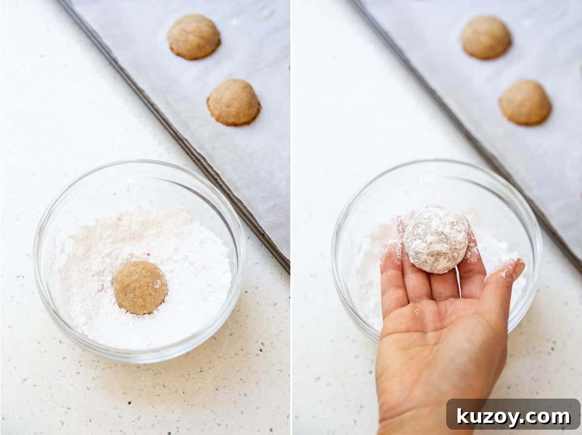 Collage of 2 photos showing how to coat the baked cookies in powdered sugar.