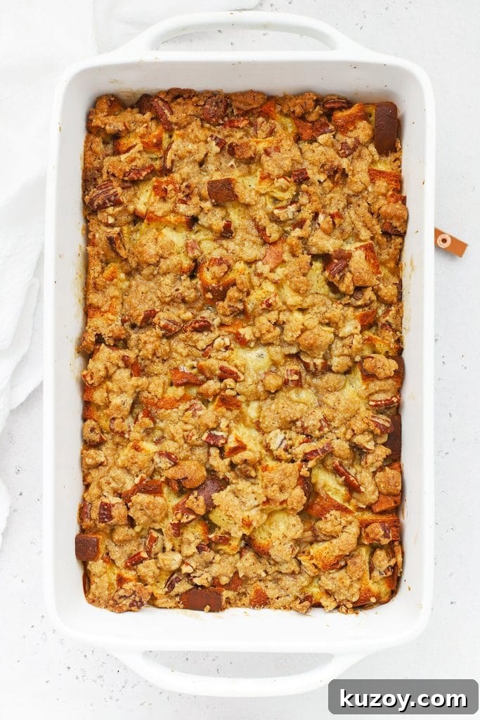 Gluten-Free Eggnog French Toast Casserole Recipe for Holidays 12 Freshly baked gluten-free eggnog french toast casserole topped with streusel