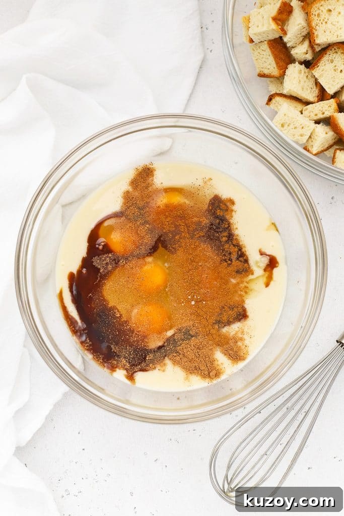 Gluten-Free Eggnog French Toast Casserole Recipe for Holidays 4 Ingredients ready to be whisked for eggnog custard