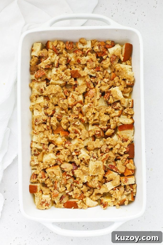 Gluten-Free Eggnog French Toast Casserole Recipe for Holidays 9 French toast casserole topped with pecan brown sugar streusel ready to bake