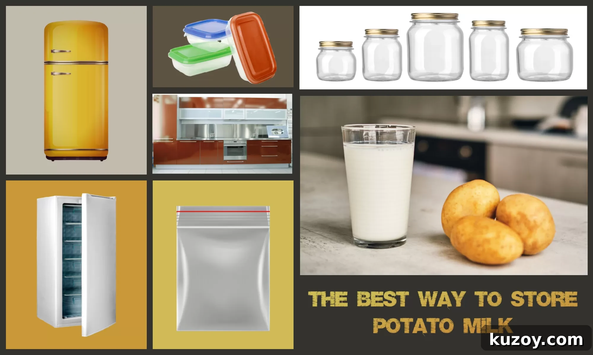 How to Store Potato Milk Safely and Extend Its Shelf Life 2 A kitchen countertop featuring a glass of potato milk and a pair of potatoes, along with a variety of choices for food storage. The text reads, 'The Best Way to Store Potato Milk.'