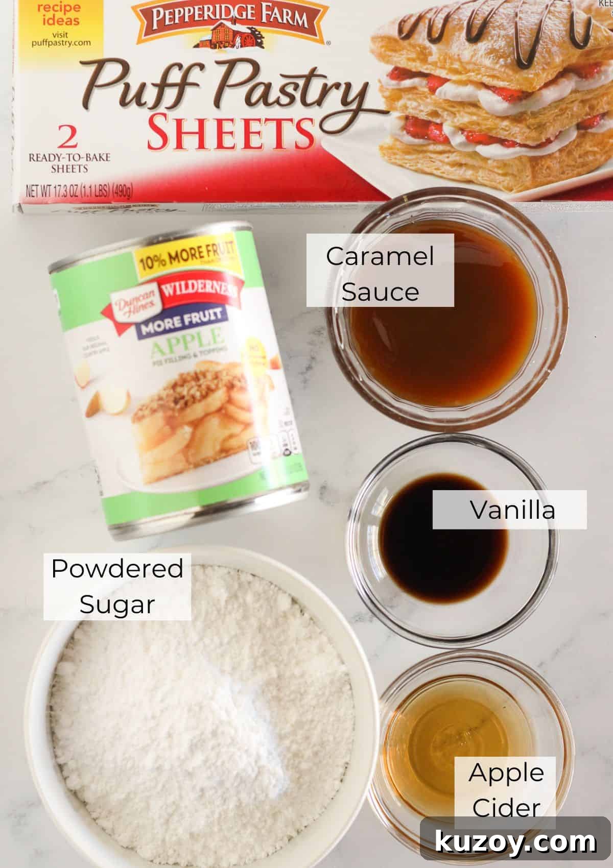 Caramel Apple Turnovers Recipe: Flaky Pastry with Gooey Filling 3 The ingredients needed to make Caramel Apple Turnovers.