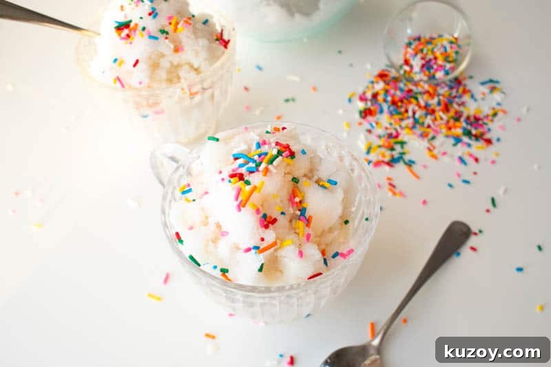 Snow Ice Cream Recipe Without Condensed Milk — Simple & Creamy 7 Two bowls of snow ice cream with sprinkles on top and a bowl of fresh snow in the background