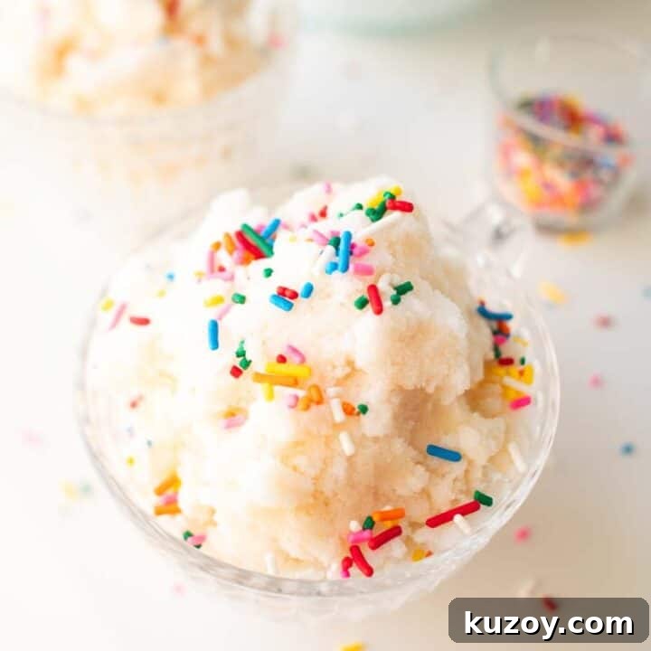 Two bowls of snow ice cream with sprinkles on top and a bowl of fresh snow in the background