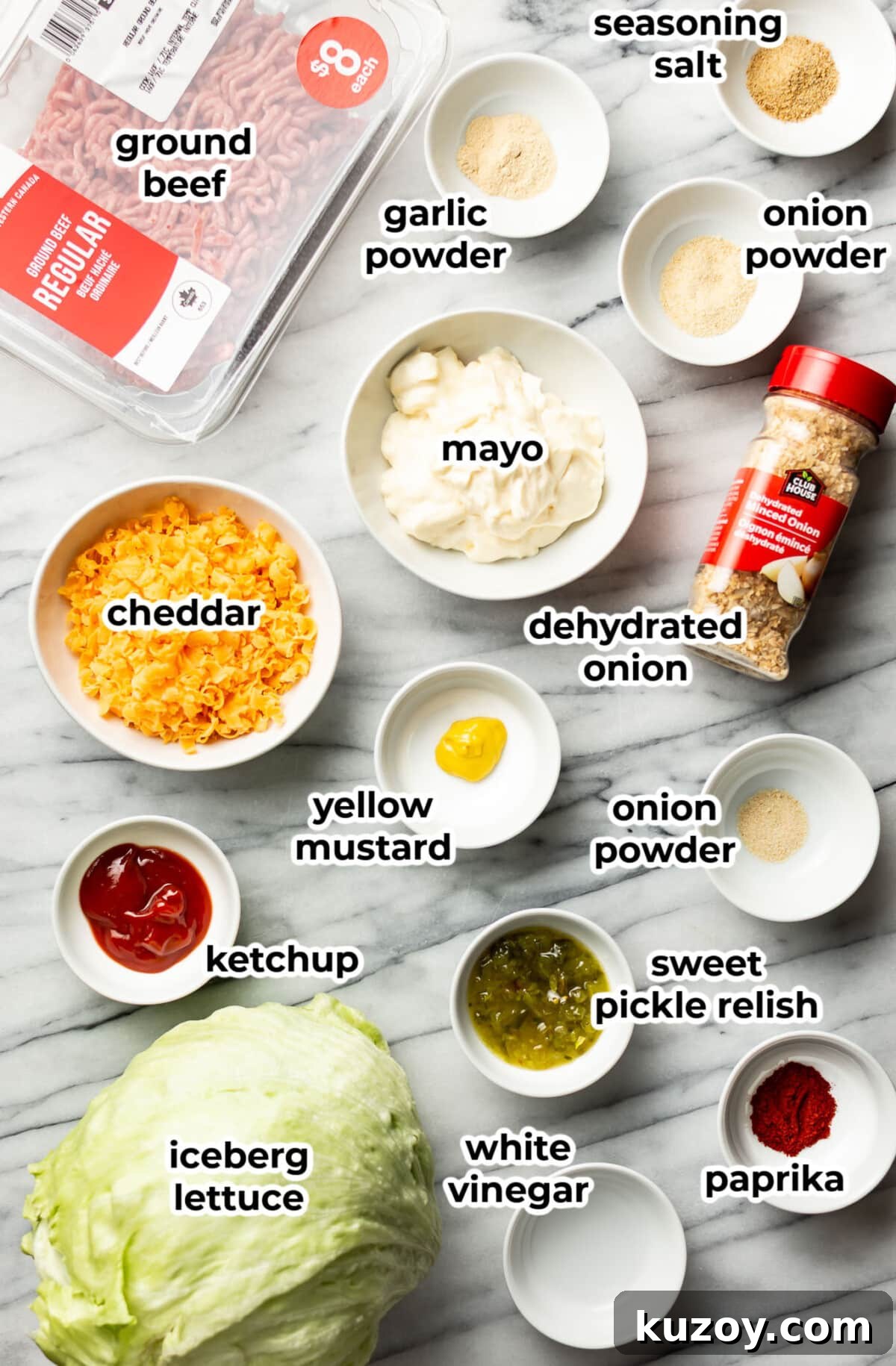 Copycat Big Mac Salad Recipe: Flavor-Packed Cheeseburger Salad 3 ingredients for big mac salad in prep bowls