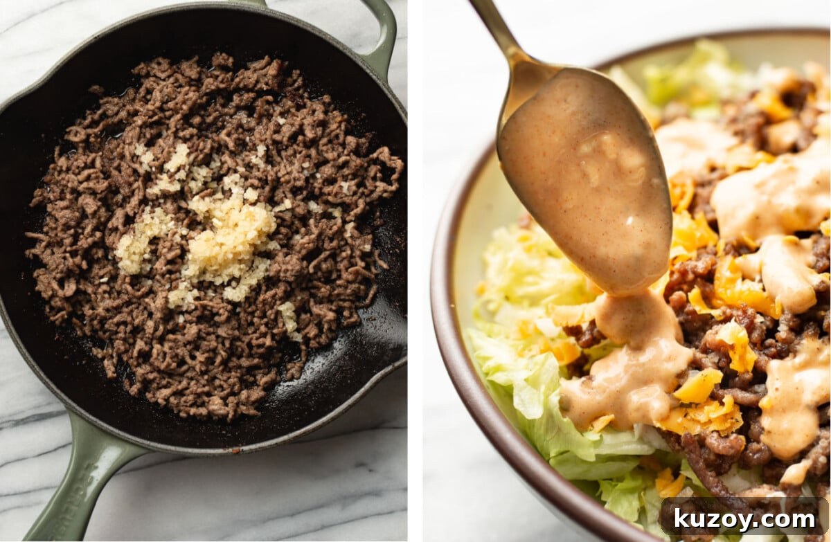 Copycat Big Mac Salad Recipe: Flavor-Packed Cheeseburger Salad 5 sauteing ground beef in a skillet and spooning dressing on a bowl of big mac salad