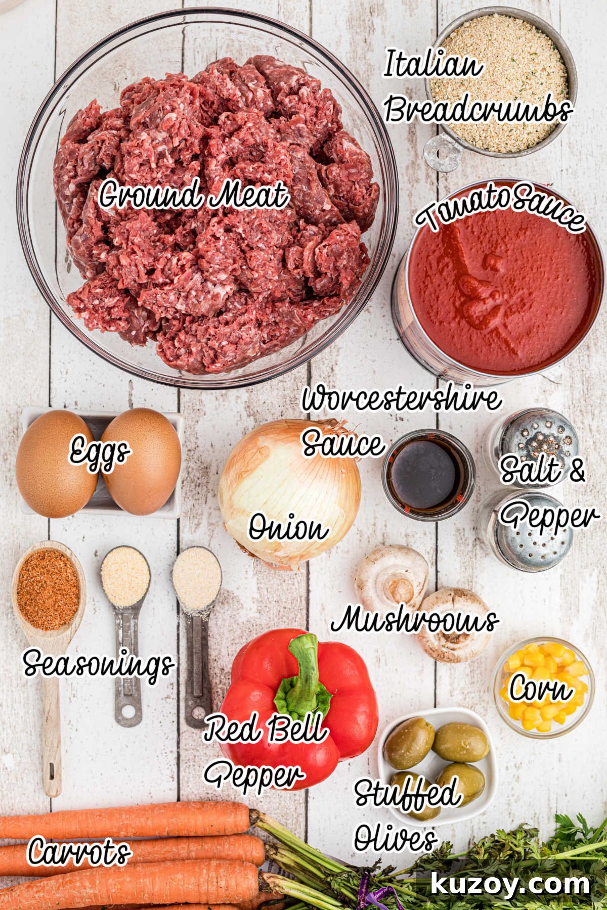 Spooky Monster Meatloaf Recipe for Halloween Dinner 3 Ingredients needed to make a monster meatloaf with text overlay.