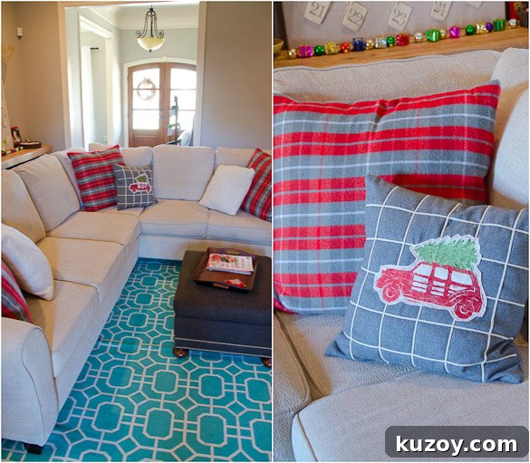 2013 Holiday Home Tour: Festive Decor Ideas & Inspiration 9 Christmas pillows from Target by SeededAtTheTable.com
