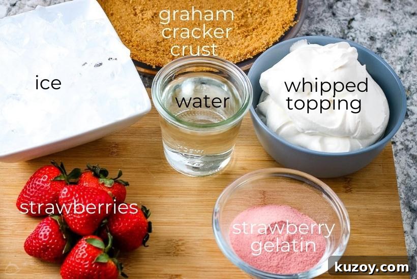 Ingredients to make strawberry jello cool whip pie with text labels.