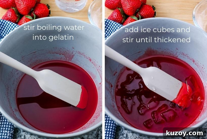 Two image collage showing how to make the strawberry gelatin and thickening it with ice cubes with text overlay.