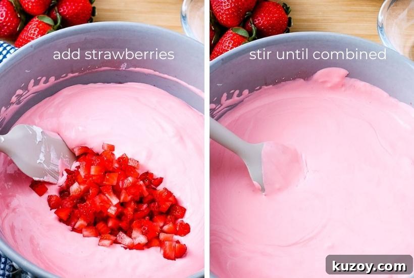 Two image collage showing fresh chopped strawberries added to creamy filling mixture and stirred them in with text overlay.