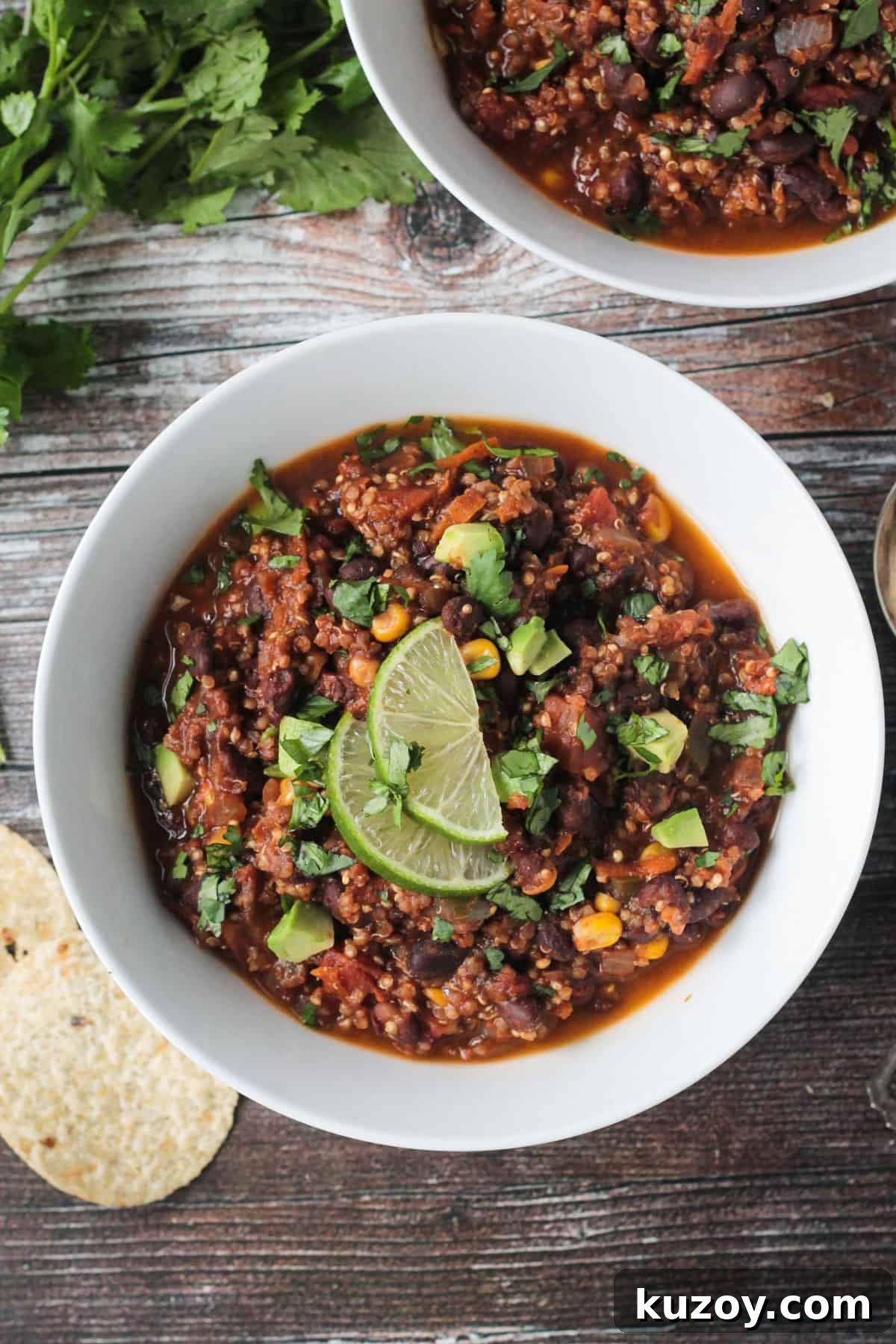 Black Bean Quinoa Chili - packed with protein and healthy veggies, this vegetarian chili is hearty and satisfying! Cocoa powder adds a delicious depth of flavor. Bowl of black bean quinoa chili topped with diced avocado and two lime slices.