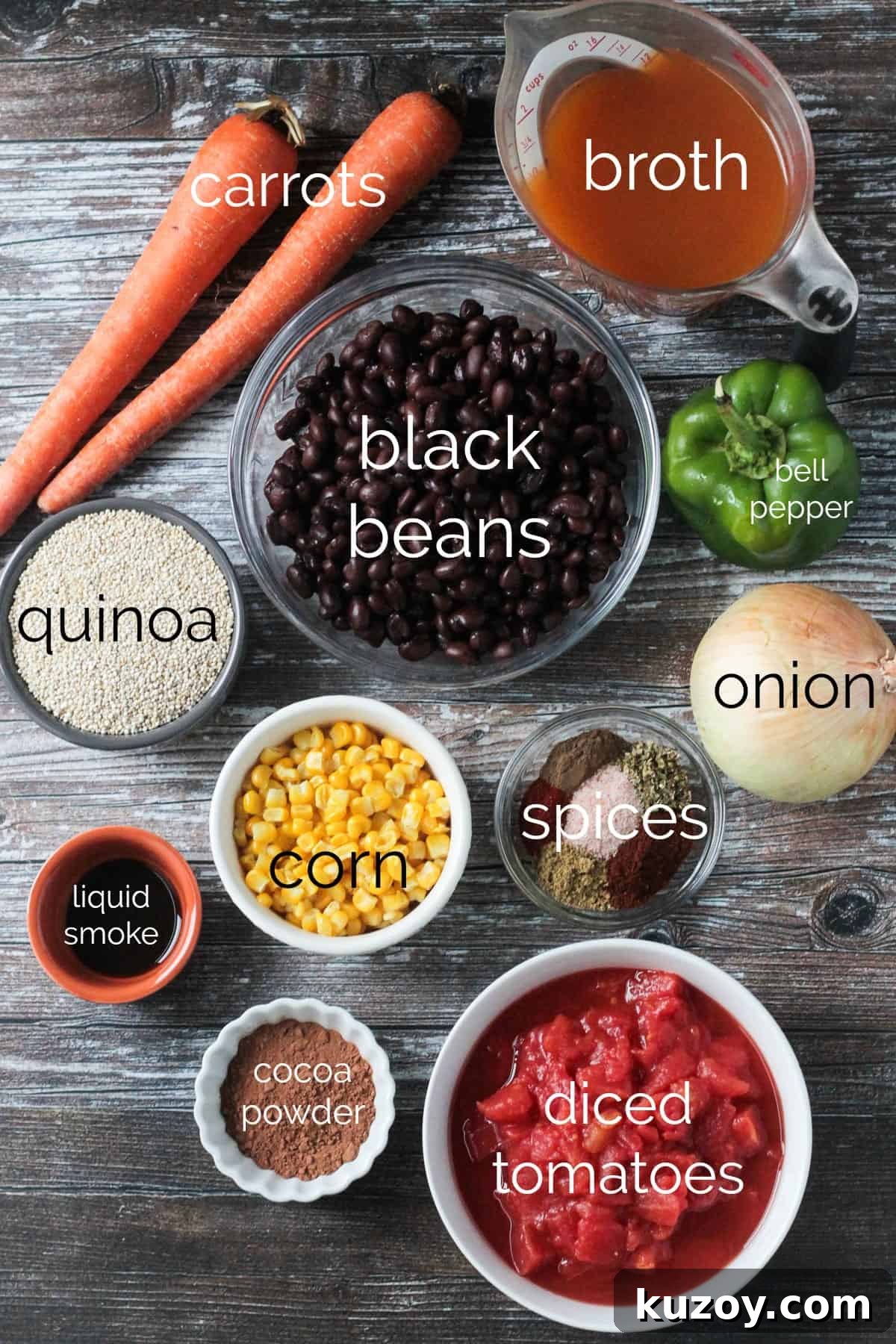 Black Bean Quinoa Chili - packed with protein and healthy veggies, this vegetarian chili is hearty and satisfying! Cocoa powder adds a delicious depth of flavor. Individual recipe ingredients for Black Bean Quinoa Chili arrayed in separate bowls.