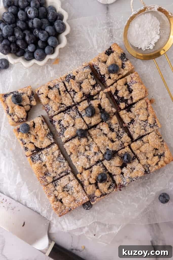 Blueberry Blondies Recipe: Moist, Chewy Bars with Fresh Berries 11 overhead shot of the blueberry blondies recipe cut into squares