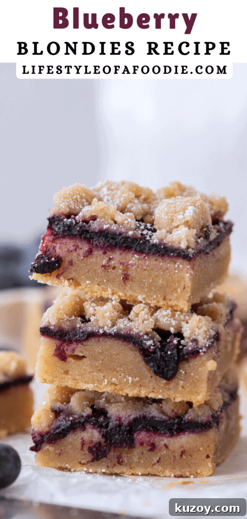 Blueberry Blondies Recipe: Moist, Chewy Bars with Fresh Berries 17 pinterest pin of the blueberry blondies recipe