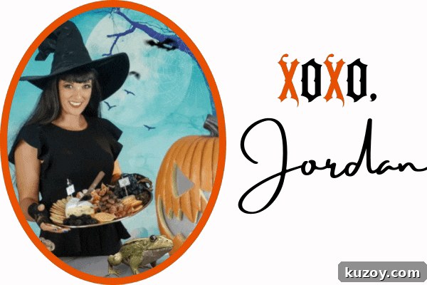 Prosciutto-Wrapped Figs with Honey and Skull Cheese Skewers 9 Jordan from Jordan's Easy Enteraining holding a Halloween charcuterie board