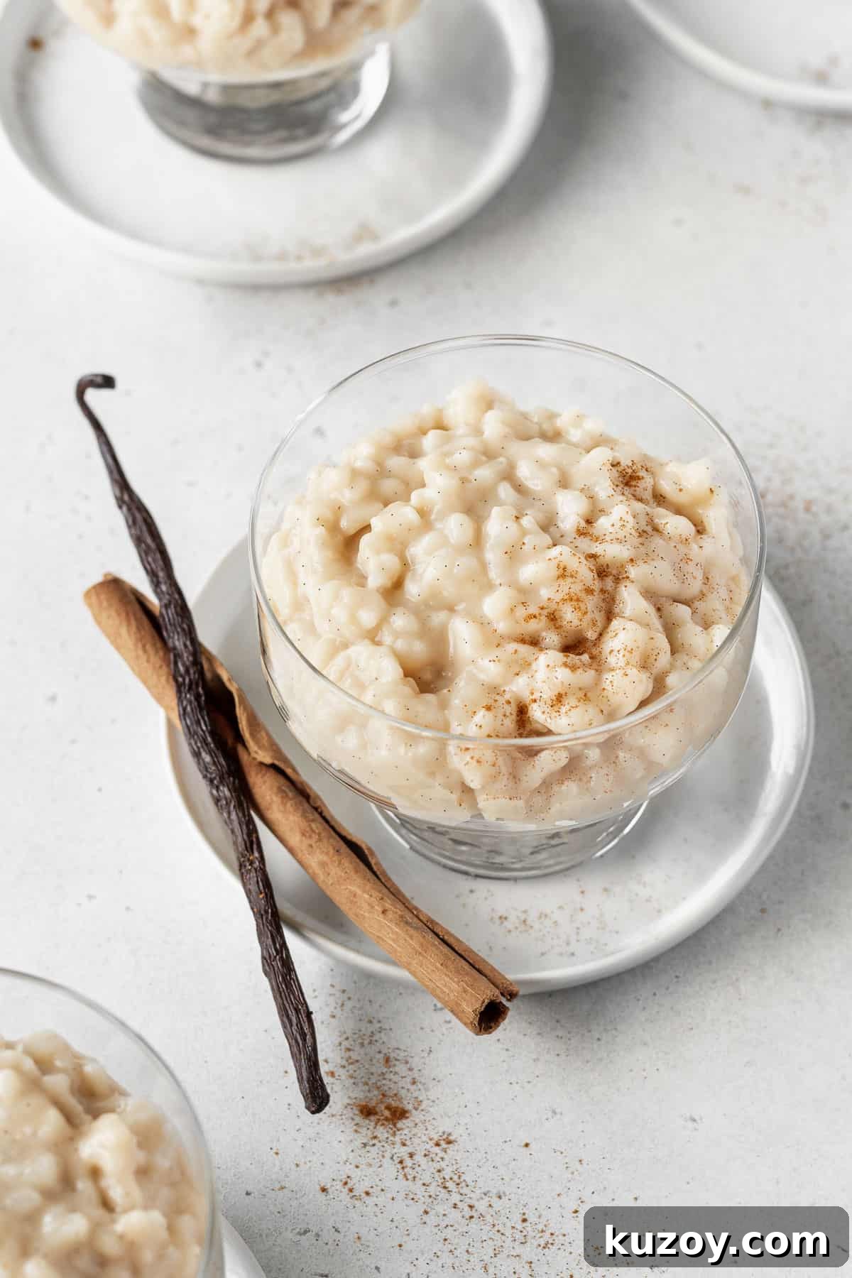Creamy Dairy-Free Vegan Rice Pudding Recipe 2 Vegan rice pudding in a dessert glass with a cinnamon stick and vanilla bean placed next to it.