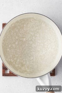 Creamy Dairy-Free Vegan Rice Pudding Recipe 5 A pot with rice cooking in water.