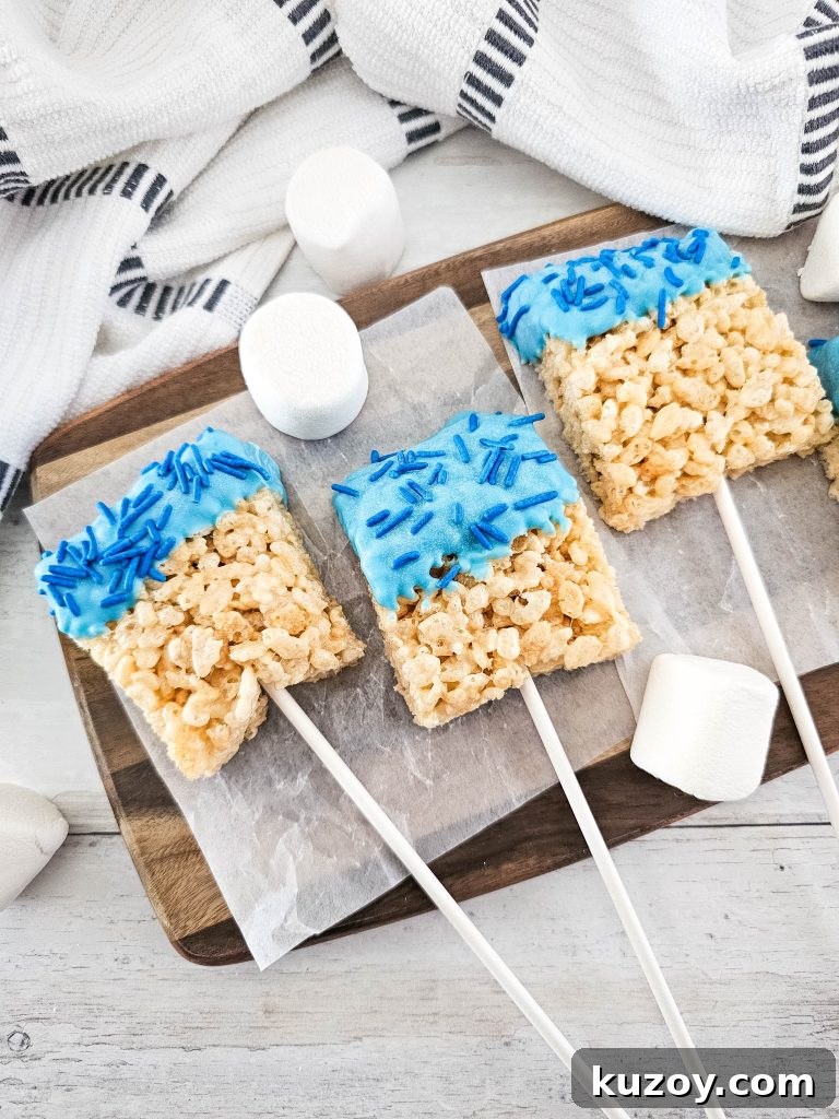 Blue Candy-Coated Rice Krispies Pops: Fun Party Treats 2 Blue candy coated Rice Krispies pops
