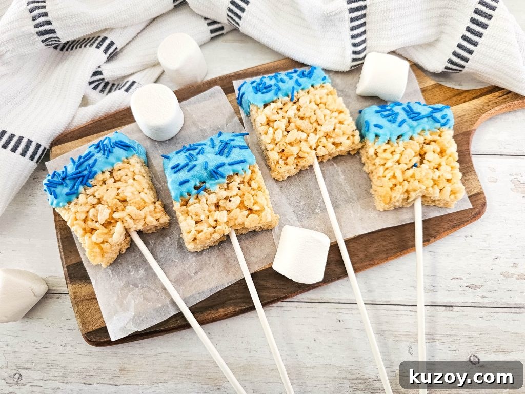 Blue Candy-Coated Rice Krispies Pops: Fun Party Treats 3 Close up of blue coated Krispies pops