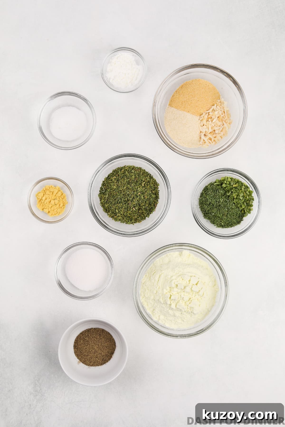 Homemade Ranch Seasoning Mix Recipe for Dips & Dressings 3 Small bowls of seasonings, herbs, salt, etc.