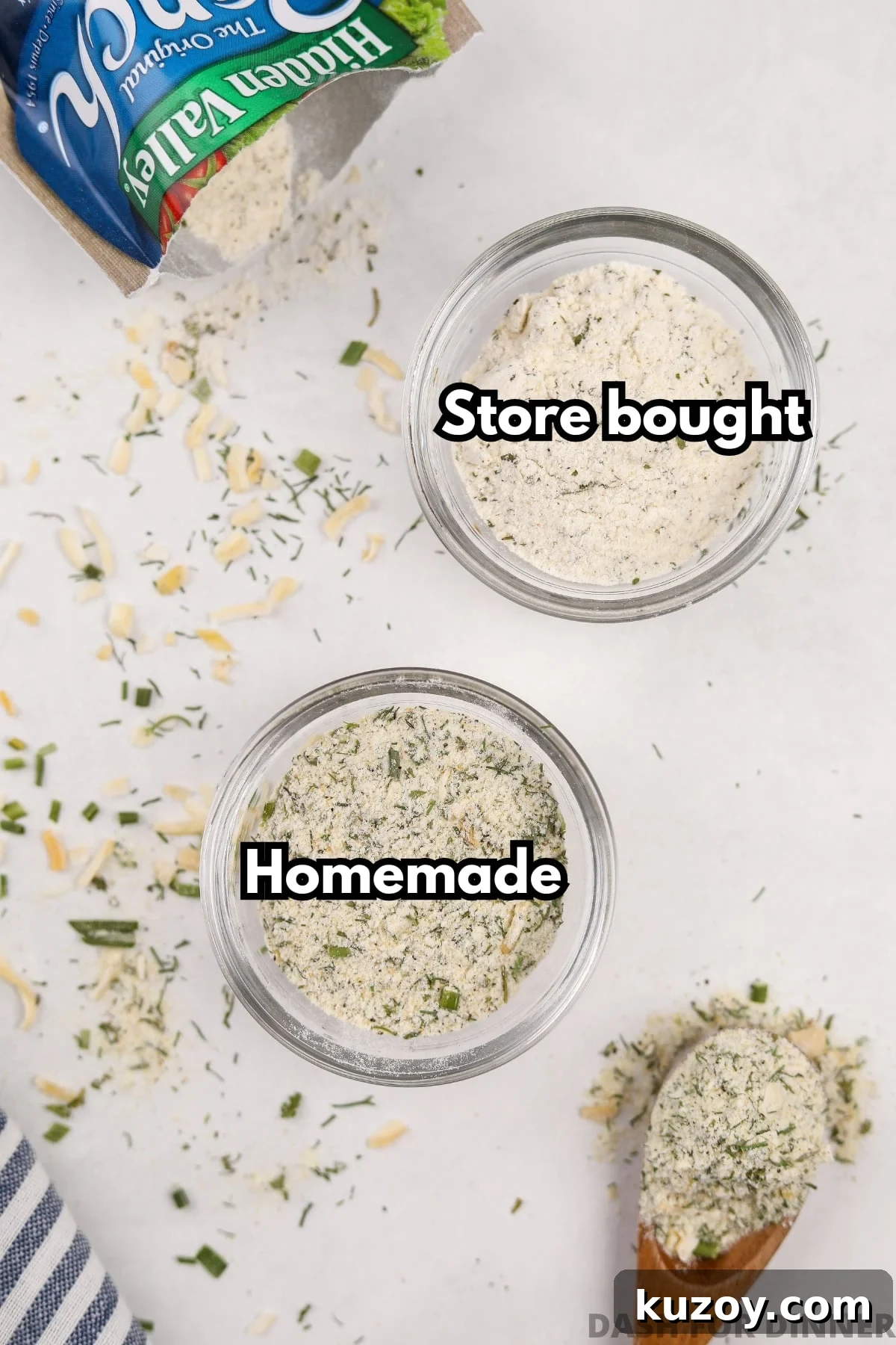 Homemade Ranch Seasoning Mix Recipe for Dips & Dressings 9 An overhead view of two small bowls: one with homemade ranch seasoning, another with store bought.