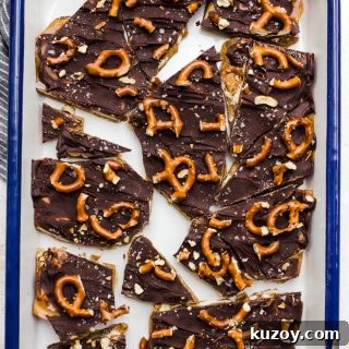 Salted Pretzel Toffee Bark Recipe for Irresistible Snacking 6 Pretzel toffee bark broken in pieces in pan