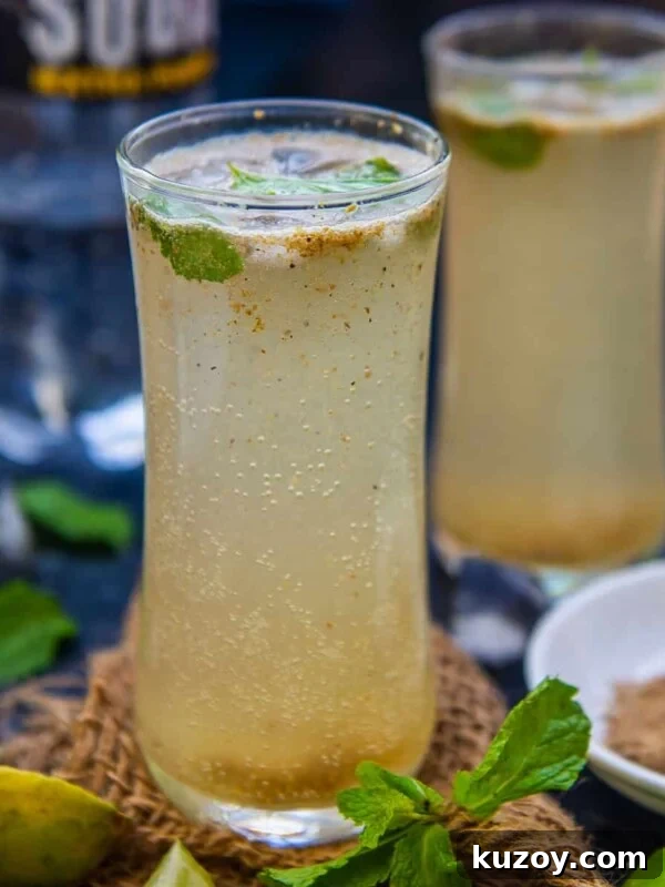 Two tall glasses of fizzy Shikanji lemonade garnished with mint leaves and a sprinkle of spice.
