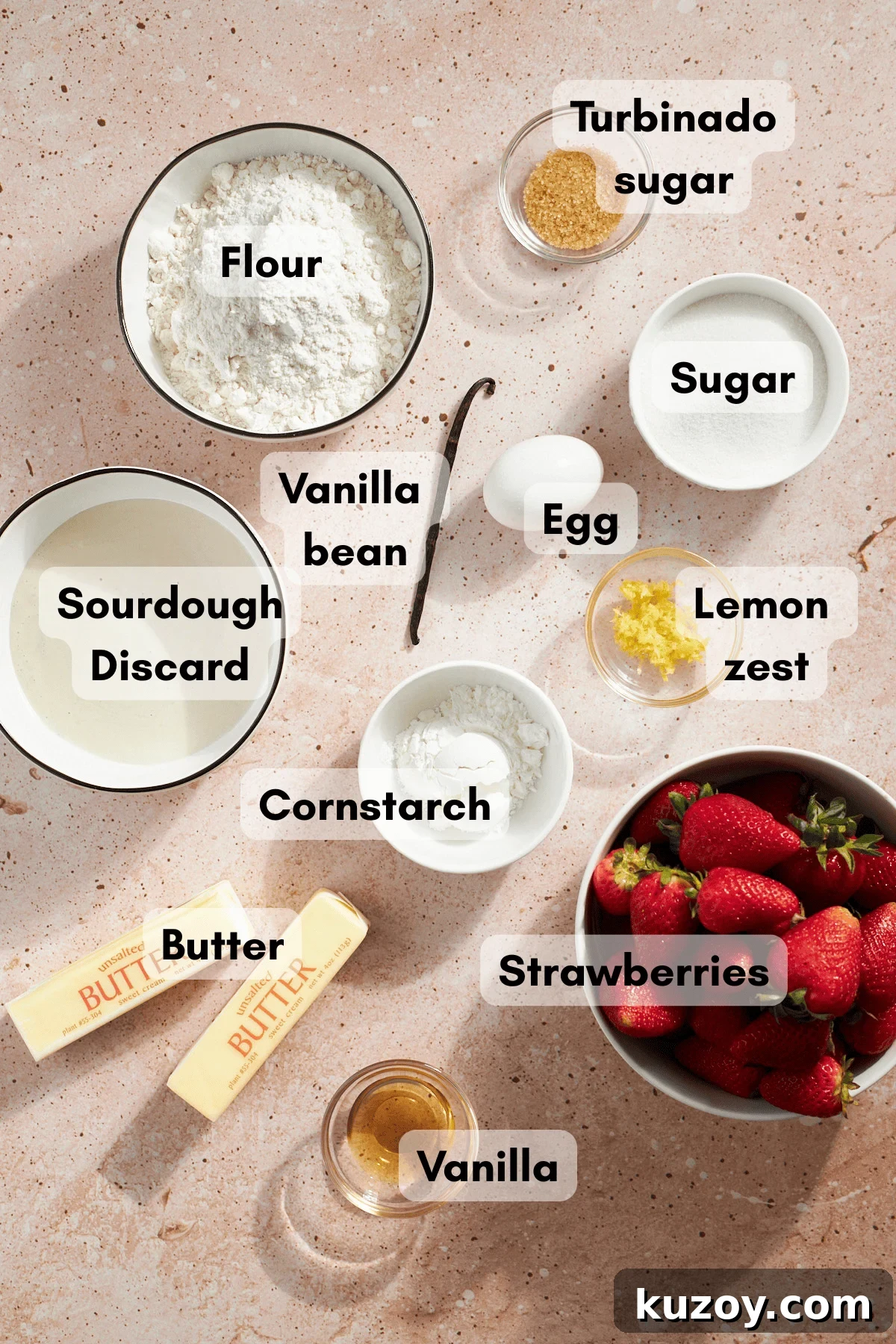 Ingredients for Sourdough Discard Strawberry Galette in small bowls.