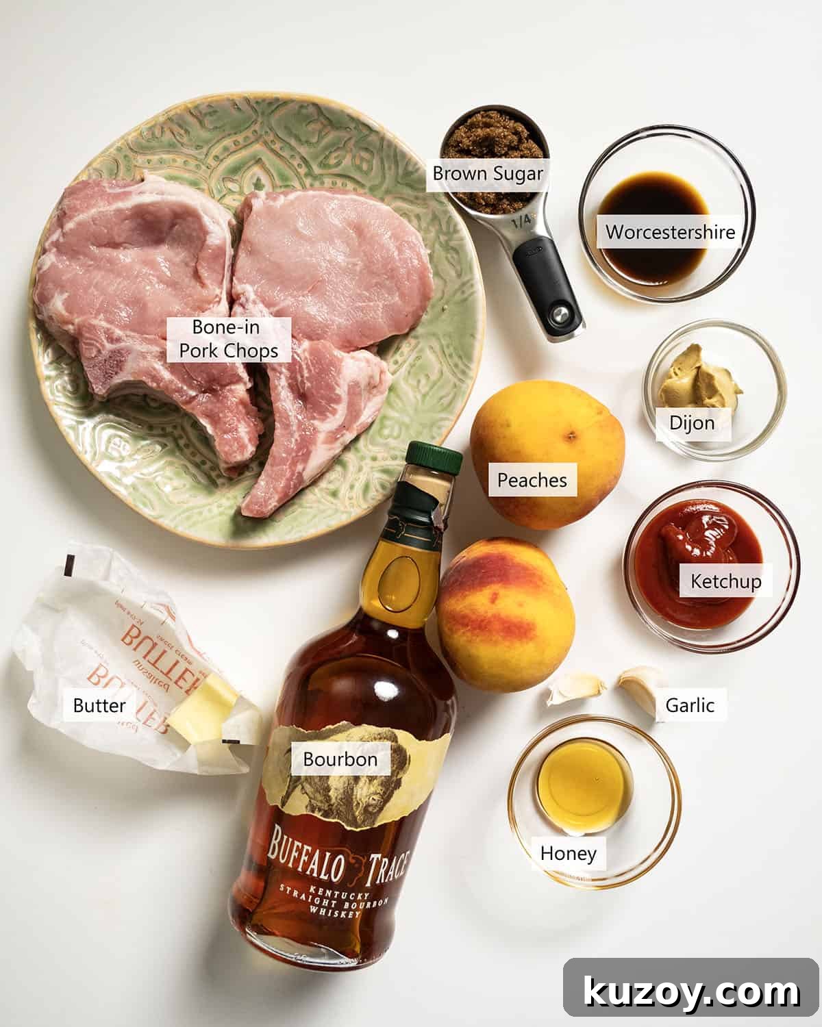Peach Bourbon Glazed Pork Chops with Pan Sauce 3 Ingredients for the recipe.