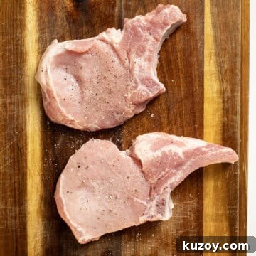 Peach Bourbon Glazed Pork Chops with Pan Sauce 4 Bone in pork chops seasoned with salt and pepper.