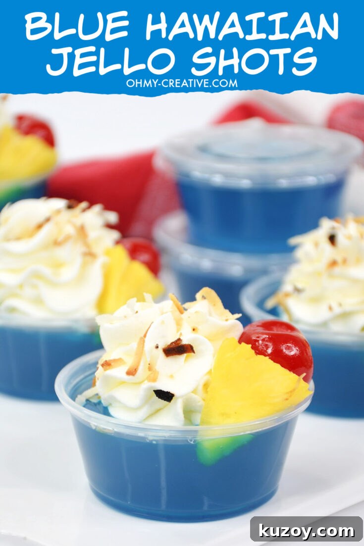 These blue Hawaiian jello shots are made with tasty berry blue jello topped with whipped cream, toasted coconut garnished with pineapple and a maraschino cherry.
