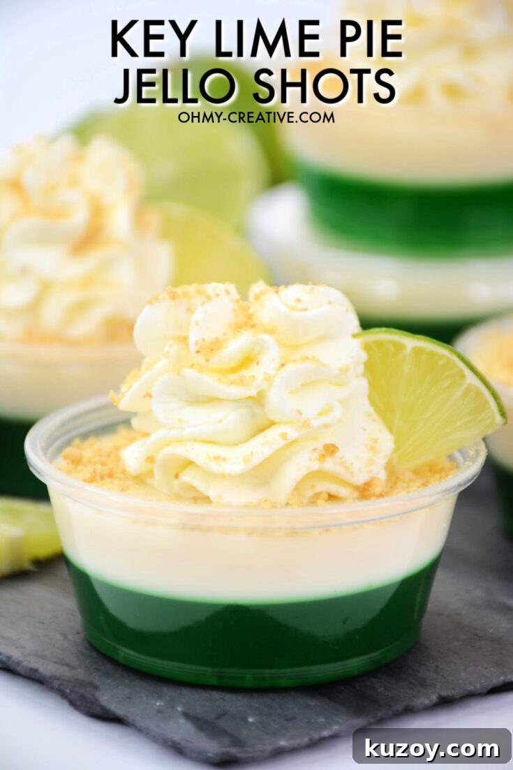 These Key Lime Pie Jello Shots have a layer of lime Jell-o and a layer of creamy key lime pie filling.