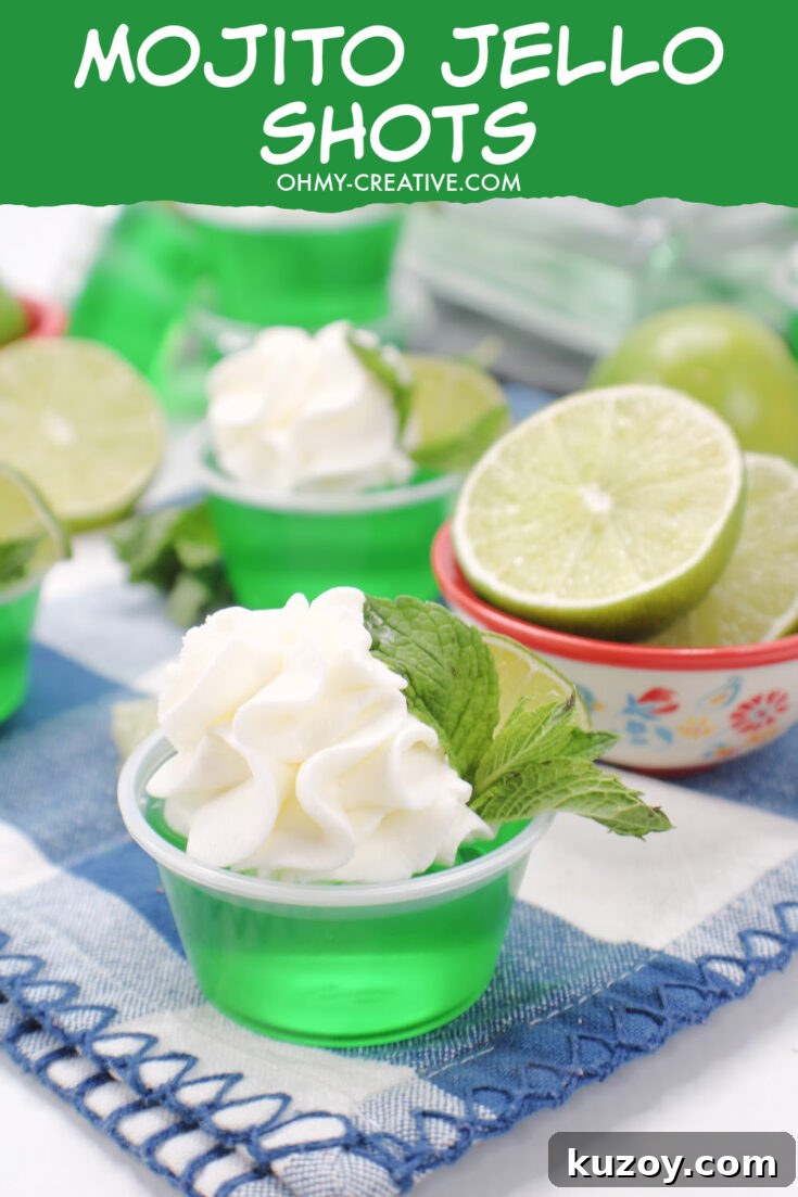 Mojito Jello Shots made with lime Jell-O and light rum.