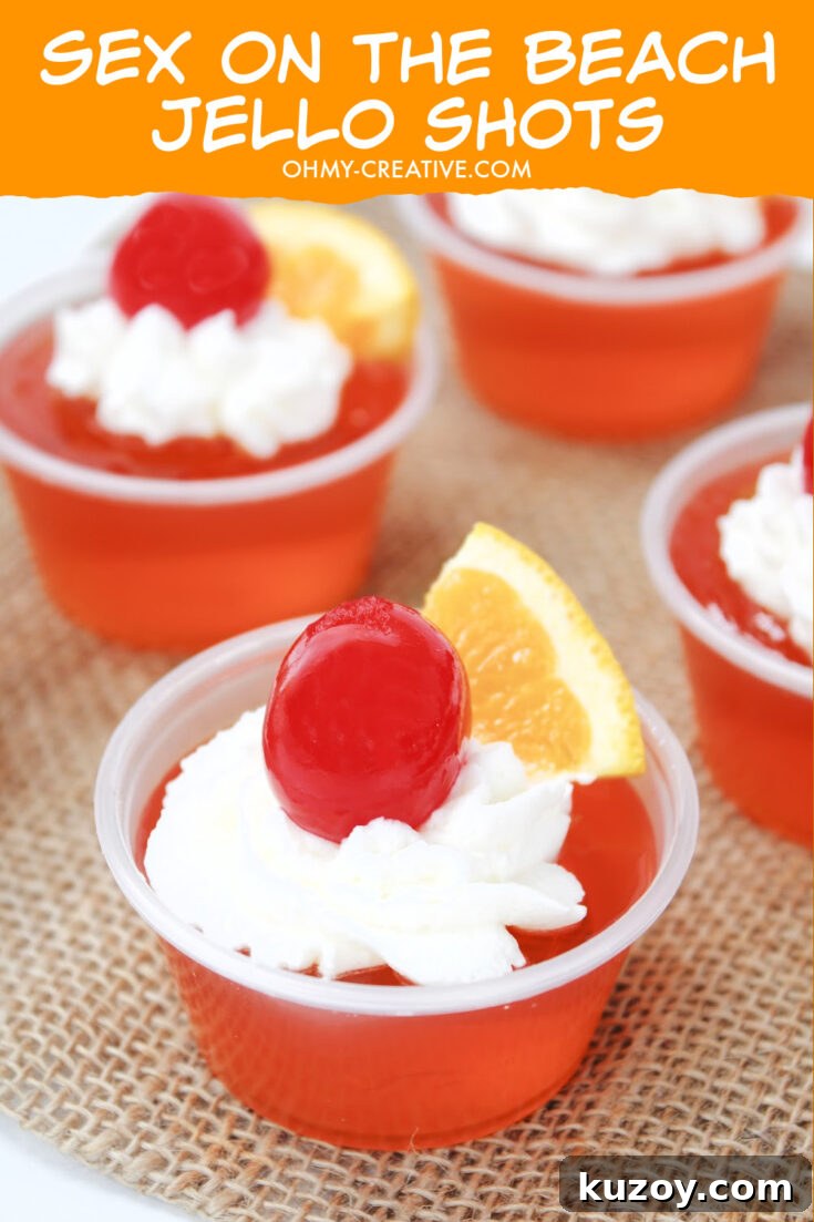Orange jello shots - sex on the beach jello shots garnished with whipped cream, a cherry and orange wedge.