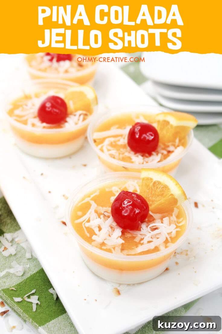 Pina Colada jello shots served on a white plate with a green checked napkin.