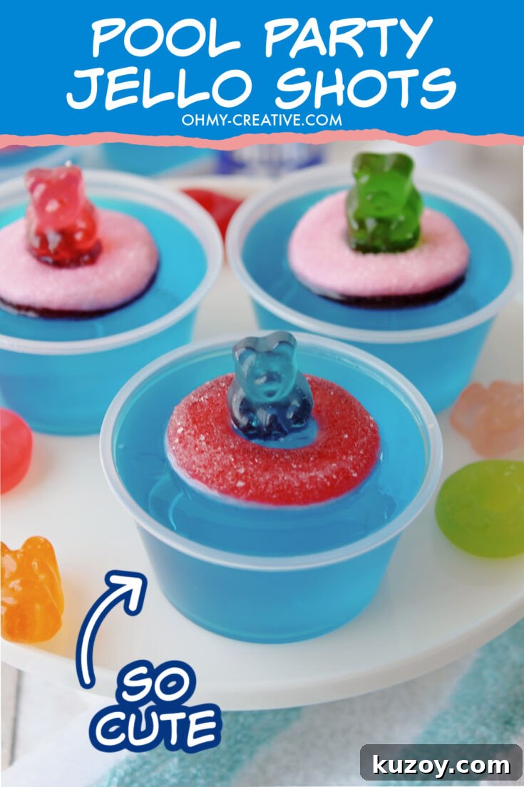 Blue jello shots made with gummy pool floats and gummy bears.