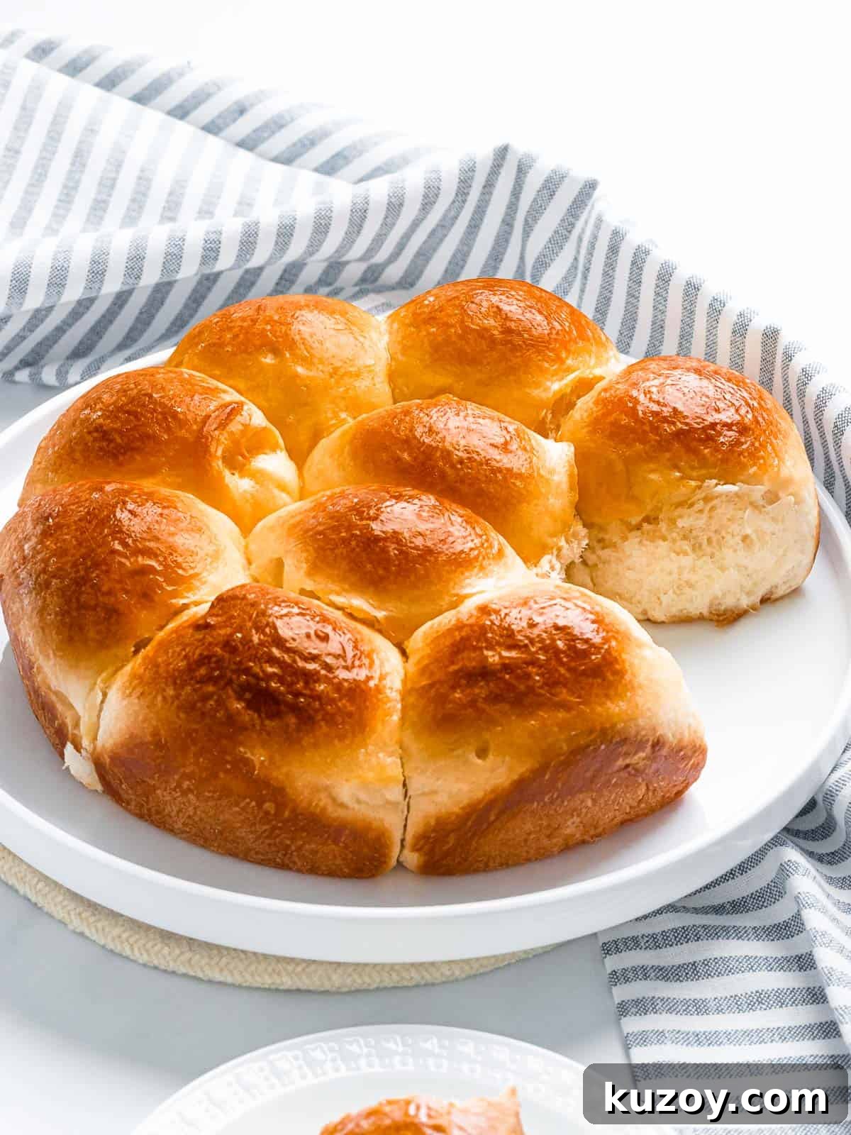 Homemade Brioche Rolls Recipe for Soft, Buttery Loaves 2 Soft and fluffy brioche rolls with a golden brown crust on a white plate.