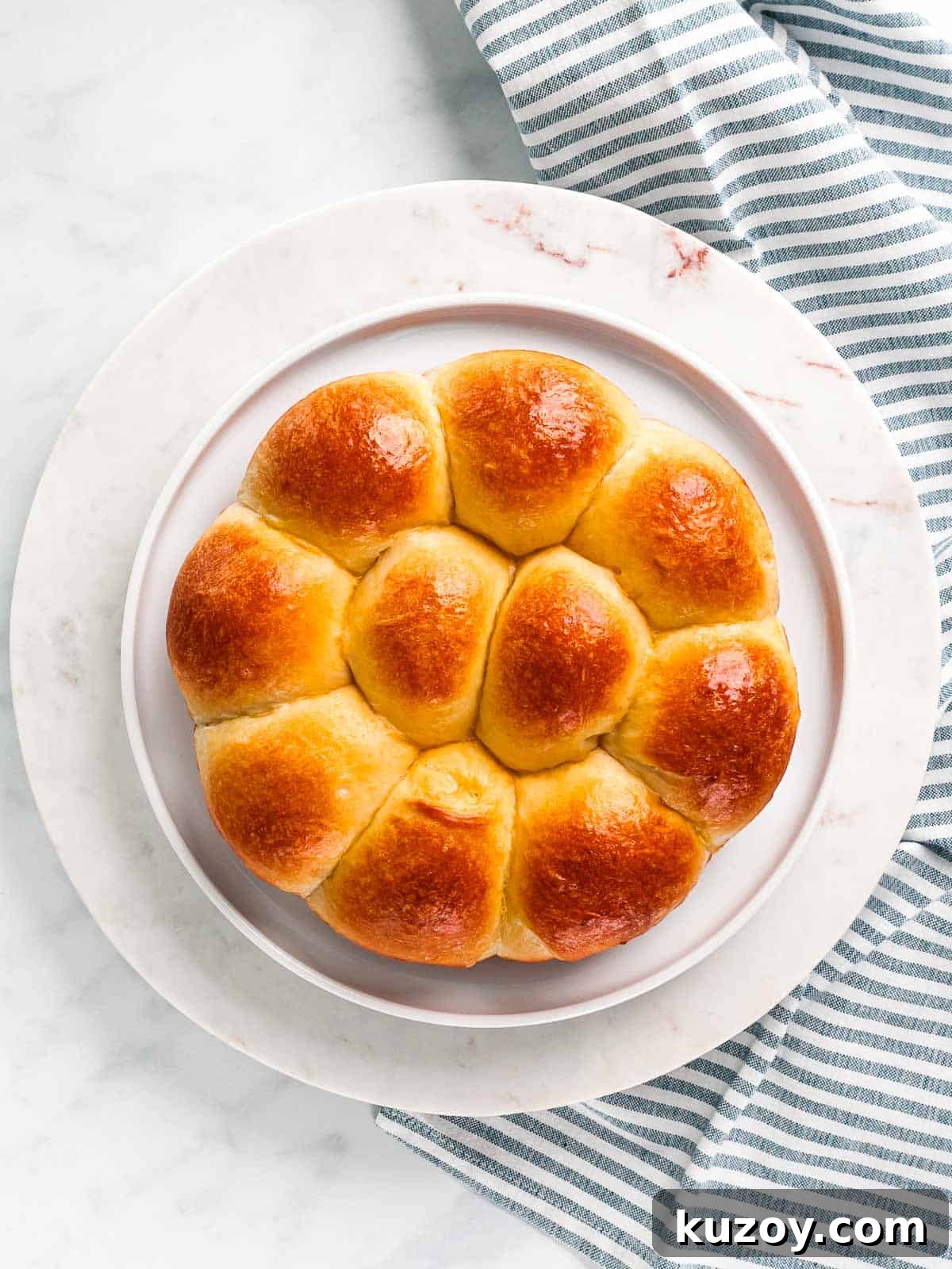 Homemade Brioche Rolls Recipe for Soft, Buttery Loaves 13 Buttery brioche rolls baked in a round pan on a white plate.