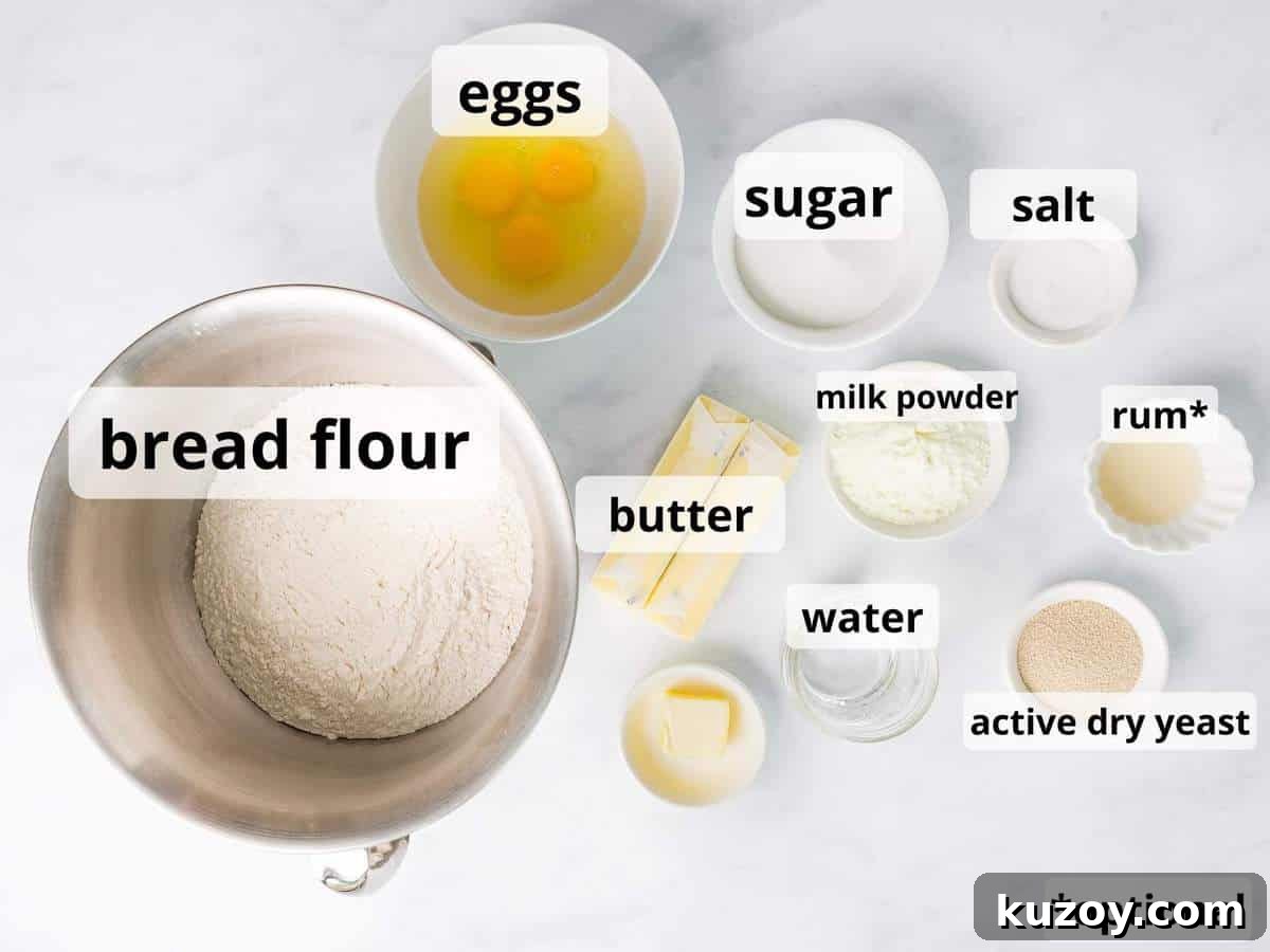 Homemade Brioche Rolls Recipe for Soft, Buttery Loaves 5 Ingredients for brioche rolls in small bowls with text overlay.